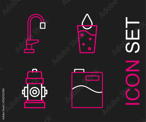 Set line Big bottle with clean water, Fire hydrant, Glass and Water tap icon. Vector