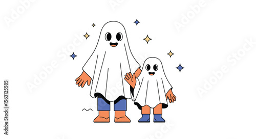 Two adorable ghosts holding hands under a starry sky
