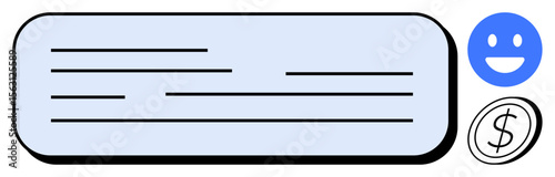 Text-filled box with rounded edges, blue happy face, and dollar sign icon. Ideal for feedback, customer satisfaction, reviews, financial records, motivation, marketing messages simple landing page