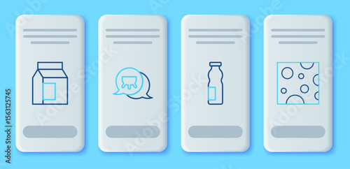 Set line Udder, Drinking yogurt in bottle, Paper package for milk and Cheese icon. Vector