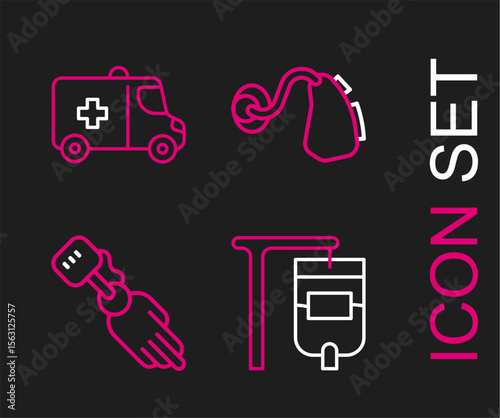 Set line IV bag, Prosthesis hand, Hearing aid and Emergency car icon. Vector