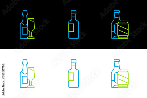 Set line Beer bottle and beer can, Champagne glass and Wine icon. Vector