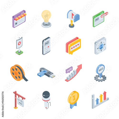 Check out this handy pack of digital advertising isometric style icons