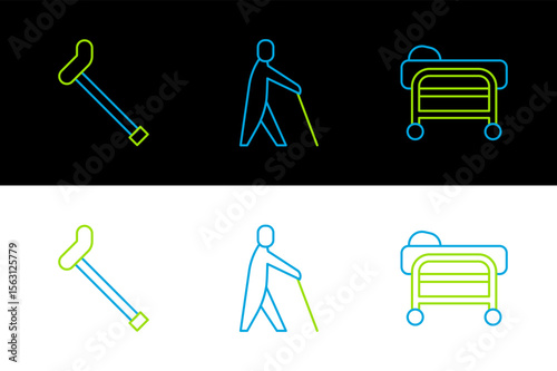 Set line Stretcher, Walking stick cane and Blind human holding icon. Vector