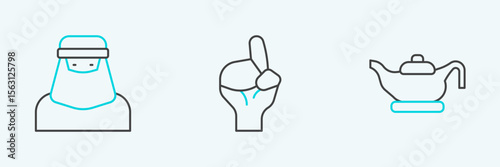 Set line Oil lamp, Muslim woman in niqab and Hands praying position icon. Vector