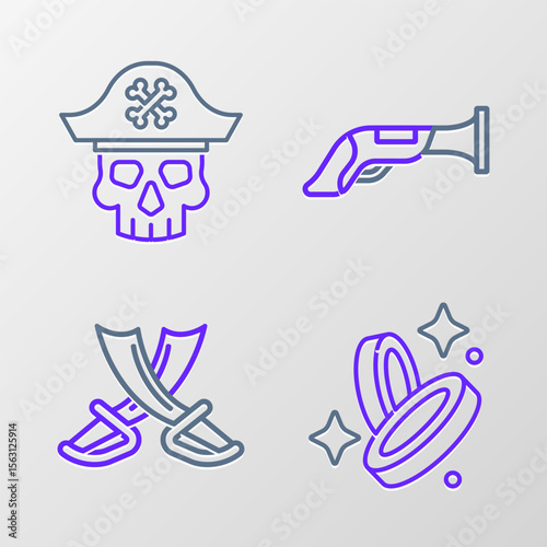 Set line Pirate coin, Crossed pirate swords, Vintage pistol and captain icon. Vector