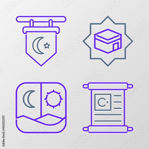 Set line Holy book of Koran, Ramadan fasting, Kaaba mosque and Star and crescent icon. Vector