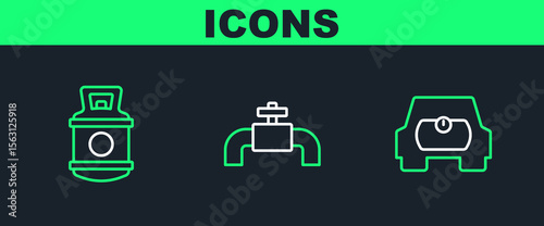 Set line Gas tank for vehicle, Propane gas and Metallic pipes and valve icon. Vector
