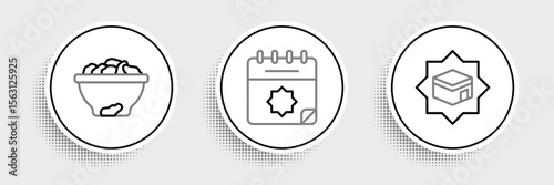 Set line Kaaba mosque, Date fruit in bowl and Ramadan calendar icon. Vector