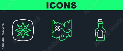 Set line Alcohol drink Rum, Wind rose and Pirate treasure map icon. Vector
