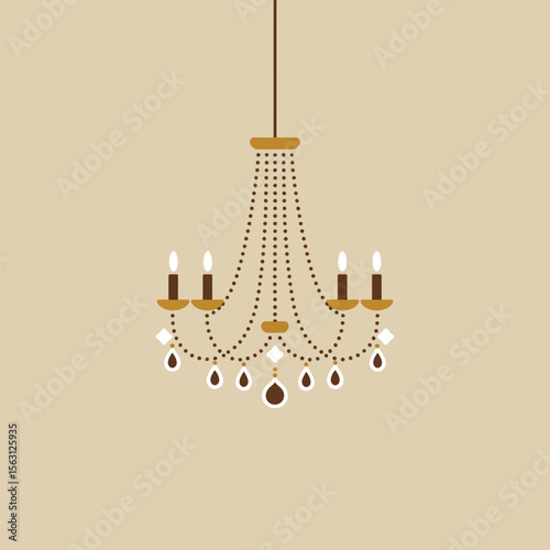 Gold and Brown Flat Icon of a Five Light Crystal Chandelier Hanging Against a Beige Background Simple Elegant Design Home Decor Lighting Fixture Illustration
