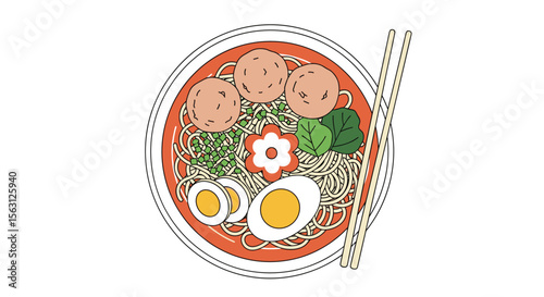 Delicious noodle soup dish with meatballs egg and greens prepared in a bowl with chopsticks ready to eat