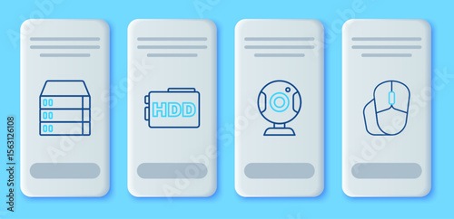 Set line Hard disk drive HDD, Web camera, Server, Data, Hosting and Computer mouse icon. Vector