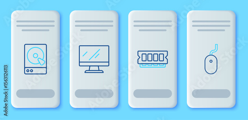 Set line Computer monitor screen, RAM, random access memory, Hard disk drive HDD and mouse icon. Vector