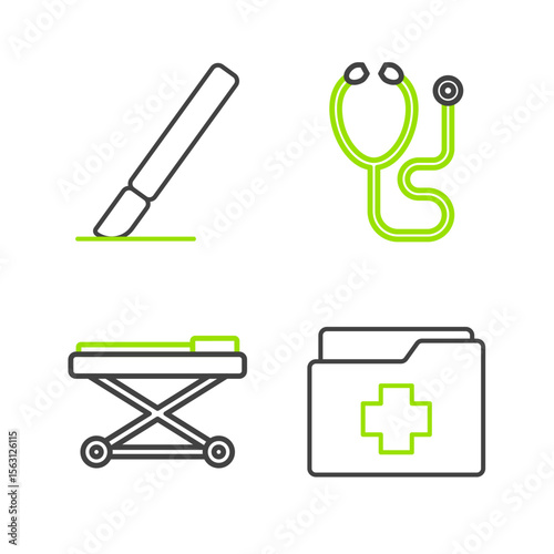 Set line Patient record, Stretcher, Stethoscope and Surgery scalpel icon. Vector