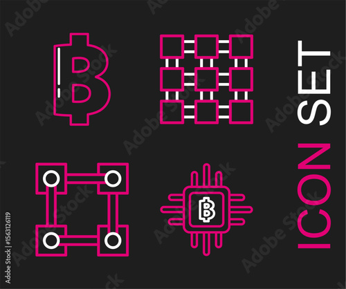 Set line CPU mining farm, Blockchain technology, and Cryptocurrency coin Bitcoin icon. Vector