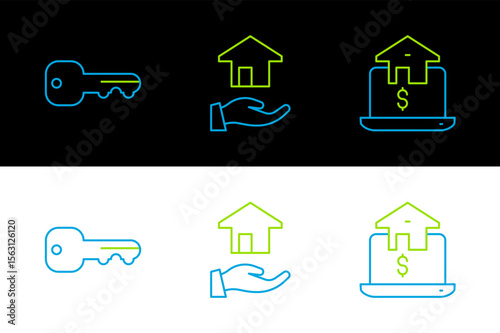 Set line Online real estate, House key and Realtor icon. Vector