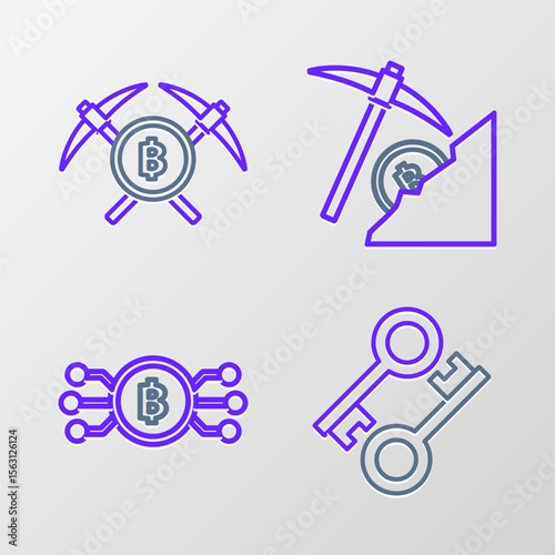 Set line Cryptocurrency key, bitcoin in circle with microchip circuit, cloud mining and Crossed pickaxe icon. Vector