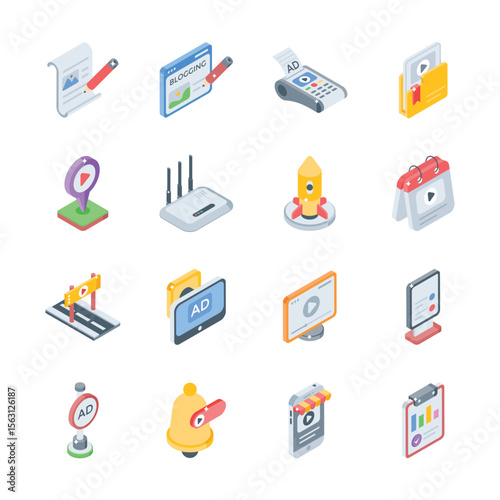 Get this premium collection of digital publicity isometric style icons