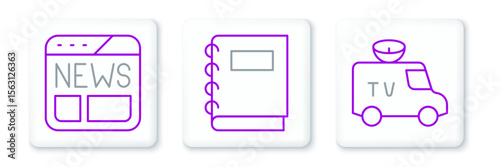 Set line TV News car, and Notebook icon. Vector