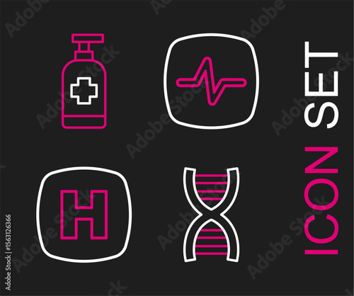 Set line DNA symbol, Hospital signboard, Heart rate and Antibacterial soap icon. Vector