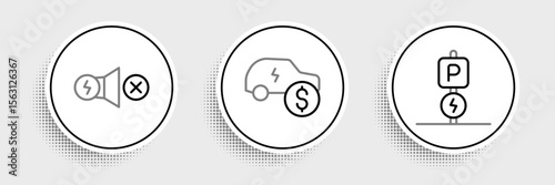 Set line Charging parking electric car, Electric motor and price icon. Vector