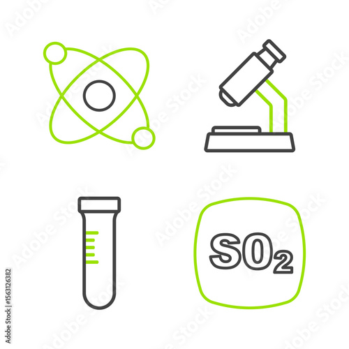 Set line Sulfur dioxide SO2, Test tube, Microscope and Atom icon. Vector
