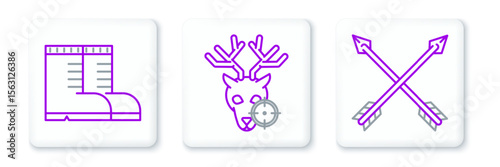 Set line Crossed arrows, Hunter boots and on deer with crosshairs icon. Vector