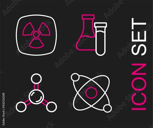 Set line Atom, Molecule, Test tube and Radioactive icon. Vector