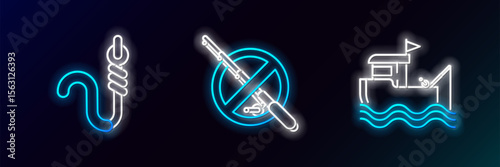 Set line Fishing boat with fishing rod on water, hook and worm and No icon. Glowing neon. Vector