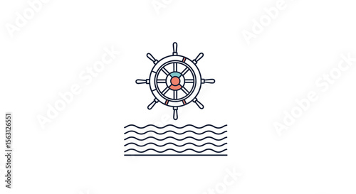 A nautical emblem featuring a ship's wheel and wavy waters representing maritime adventure and exploration