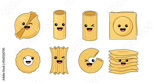 Kawaii pasta characters delightfully posed in a fun and playful food collection illustration