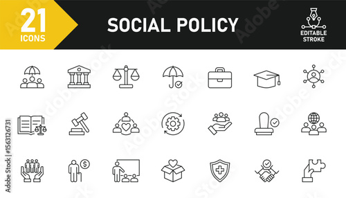 Social Policy line icon set. Set of 21 outline icons related to education, reform, services, welfare, legislation, society, health care and others. Editable stroke. Vector illustration.