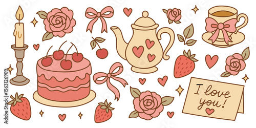 Set of hand drawn coquette elements for Valentines day. Collection of hand-drawn, romantic illustrations in soft pink tones. It includes various elements commonly associated with love and affection.
