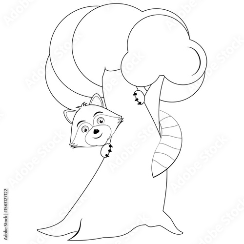Raccoon Coloring Page for children. Funny cartoon raccoon on the tree. Vector illustration on a white background.