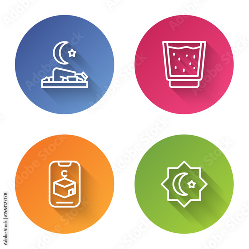 Set line Muslim man prays, Glass with water, Star and crescent and Octagonal star. Color circle button. Vector