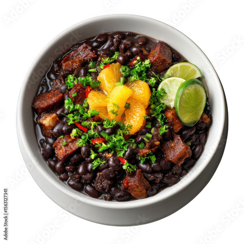 A flavorful bowl of feijoada with orange slices and lime isolated on transparent background