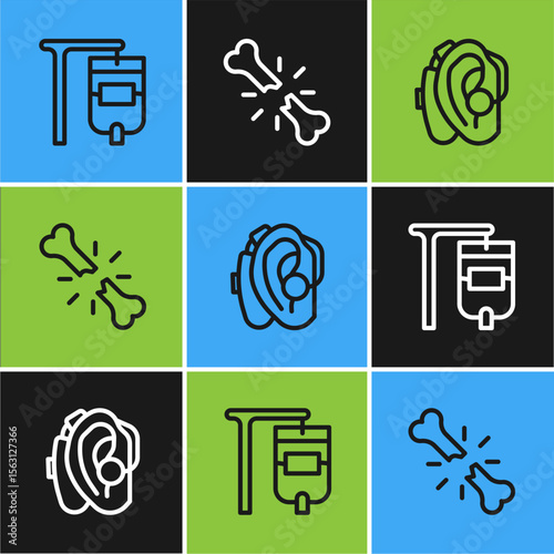 Set line IV bag, Hearing aid and Human broken bone icon. Vector