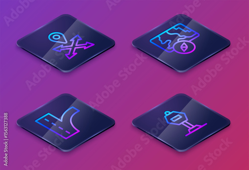 Set Isometric line Location, Road traffic sign, City map navigation and Stop. Blue square button. Vector