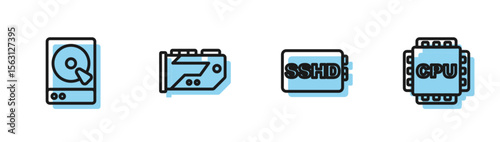 Set line SSHD card, Hard disk drive HDD, Video graphic and Processor with CPU icon. Vector