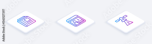 Set Isometric line News, Information and Satellite. White square button. Vector