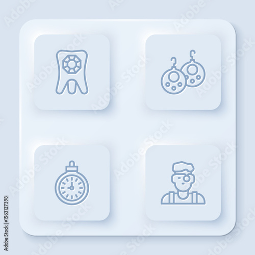 Set line Tooth with diamond, Earrings, Pocket watch and Jeweler man. White square button. Vector