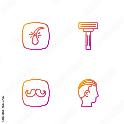 Set line Hairstyle for men, Barbershop, Broken hair follicle and Shaving razor. Gradient color icons. Vector