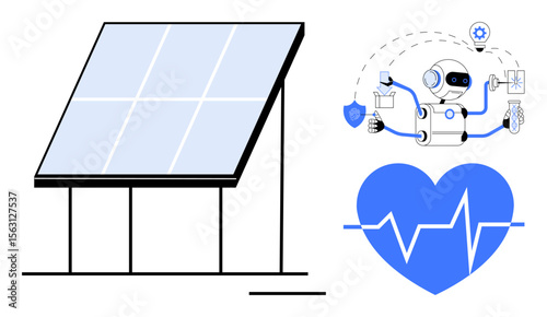 Solar panel with robot managing sustainability, data, health care, and automation. Ideal for clean energy, technology, health, AI, sustainable solutions eco-concepts and technological progress