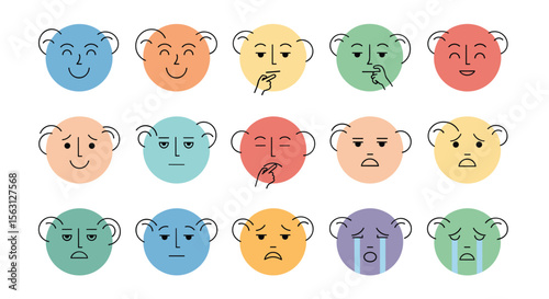 A collection of colorful round faces displaying diverse human emotions and feelings