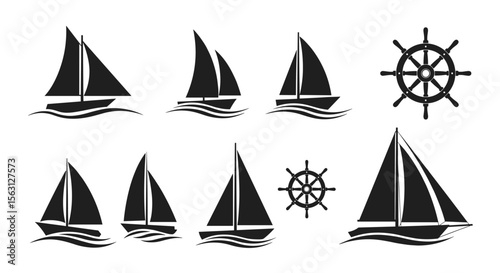 A collection of sailboat and ship wheel silhouettes illustrating maritime adventure and nautical themes