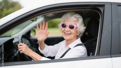 Elderly woman driving a car, wearing pink sunglasses and waving