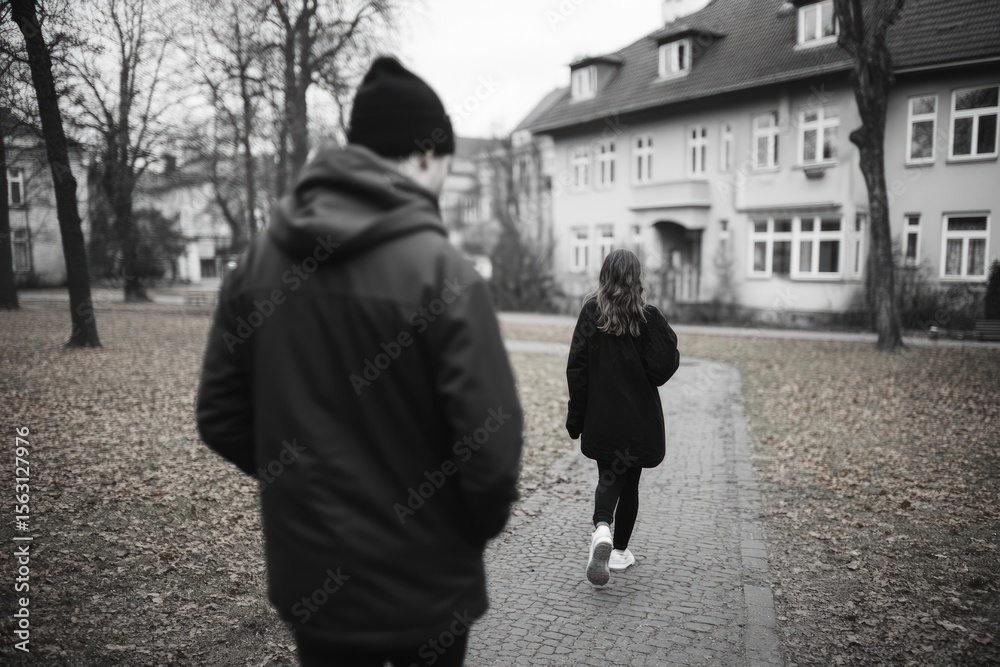 Fototapeta premium Black and white view of individuals walking away on a paved path with building in background