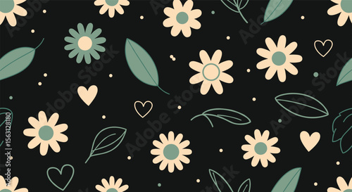 A charming floral pattern featuring blooming daisies and heart shapes scattered across a dark background creating a whimsical and delightful aesthetic