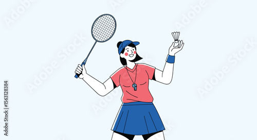 Skilled badminton coach celebrates victory holding racket and trophy with enthusiastic expression
